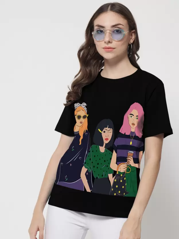Over Size T Shirt Women Graphic Print Round Neck Light Blue T-Shirt