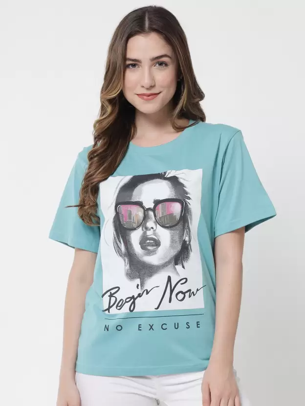 Over Size T Shirt Women Graphic Print Round Neck Light Blue T-Shirt - Image 3